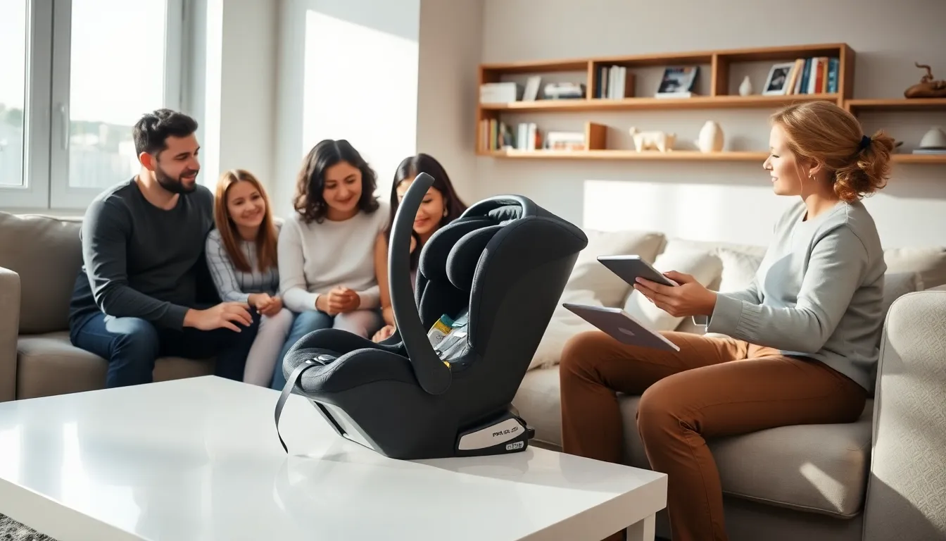 parents checking car seat expiration dates in a modern living room.