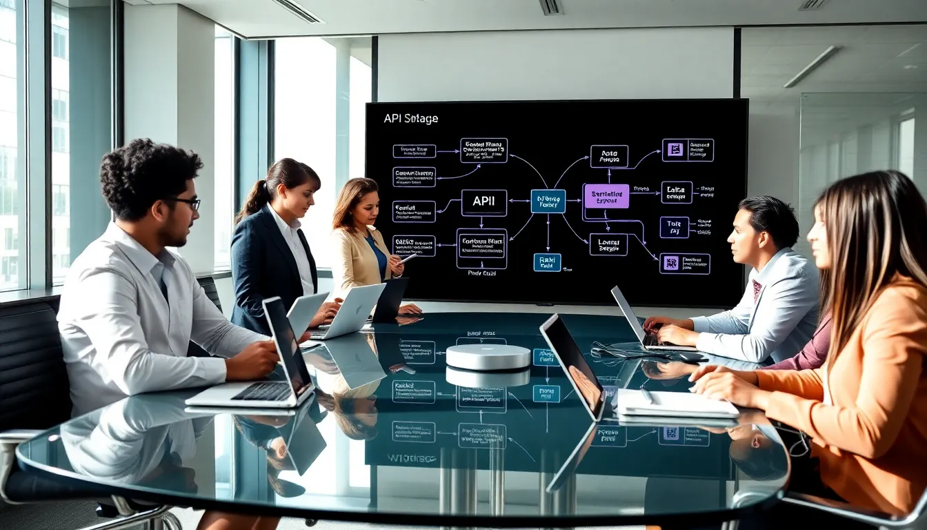 diverse professionals collaborating on API integration in a modern office.