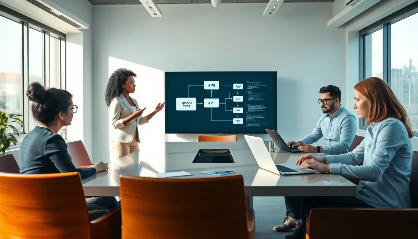 diverse team collaborating on API concepts in a modern office.
