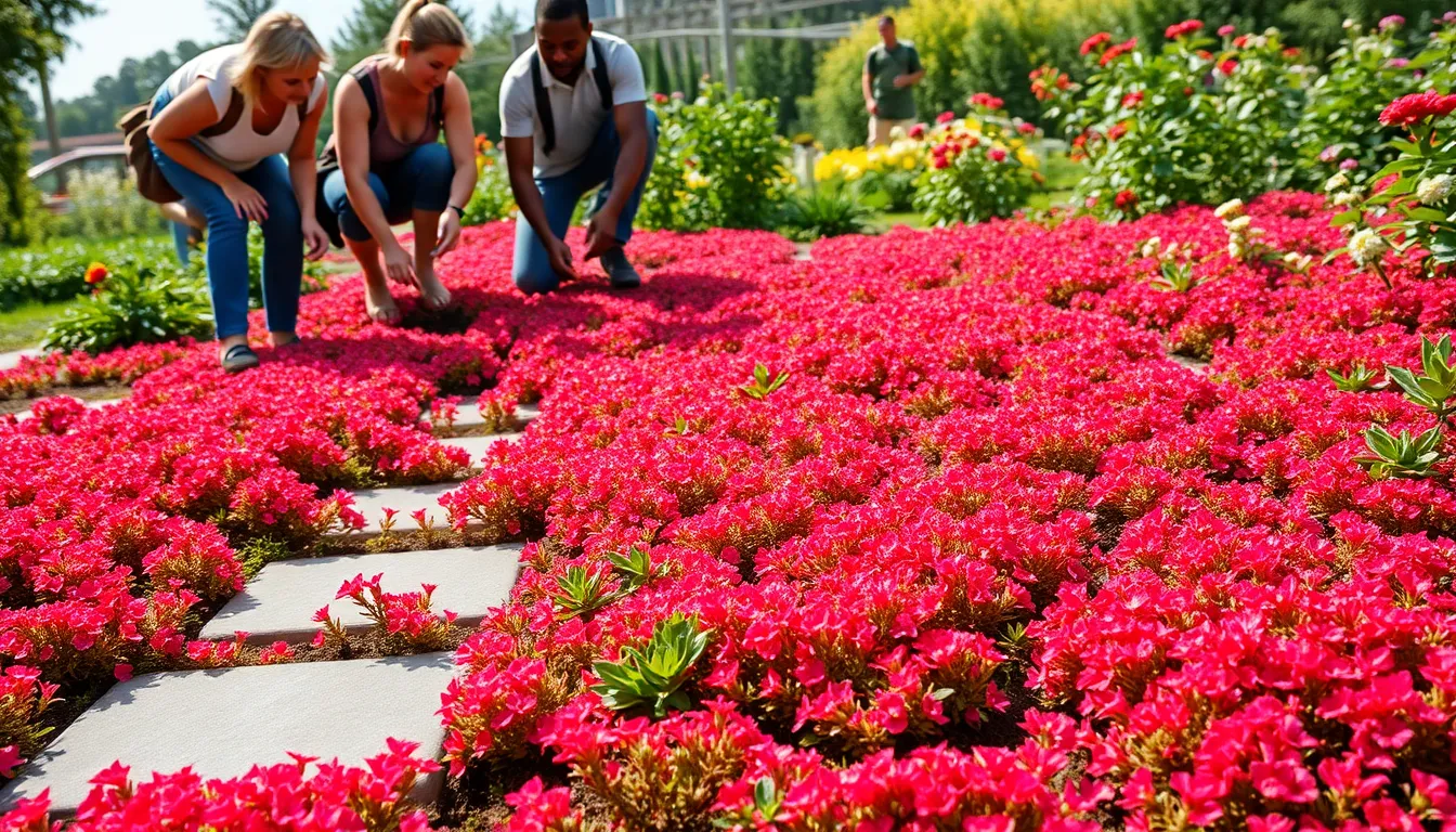 gardeners planting red creeping thyme among stepping stones.