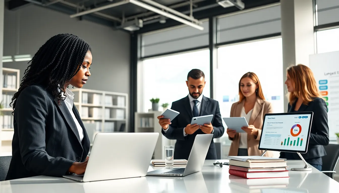diverse lawyers collaborating with legal tech tools in a modern office.