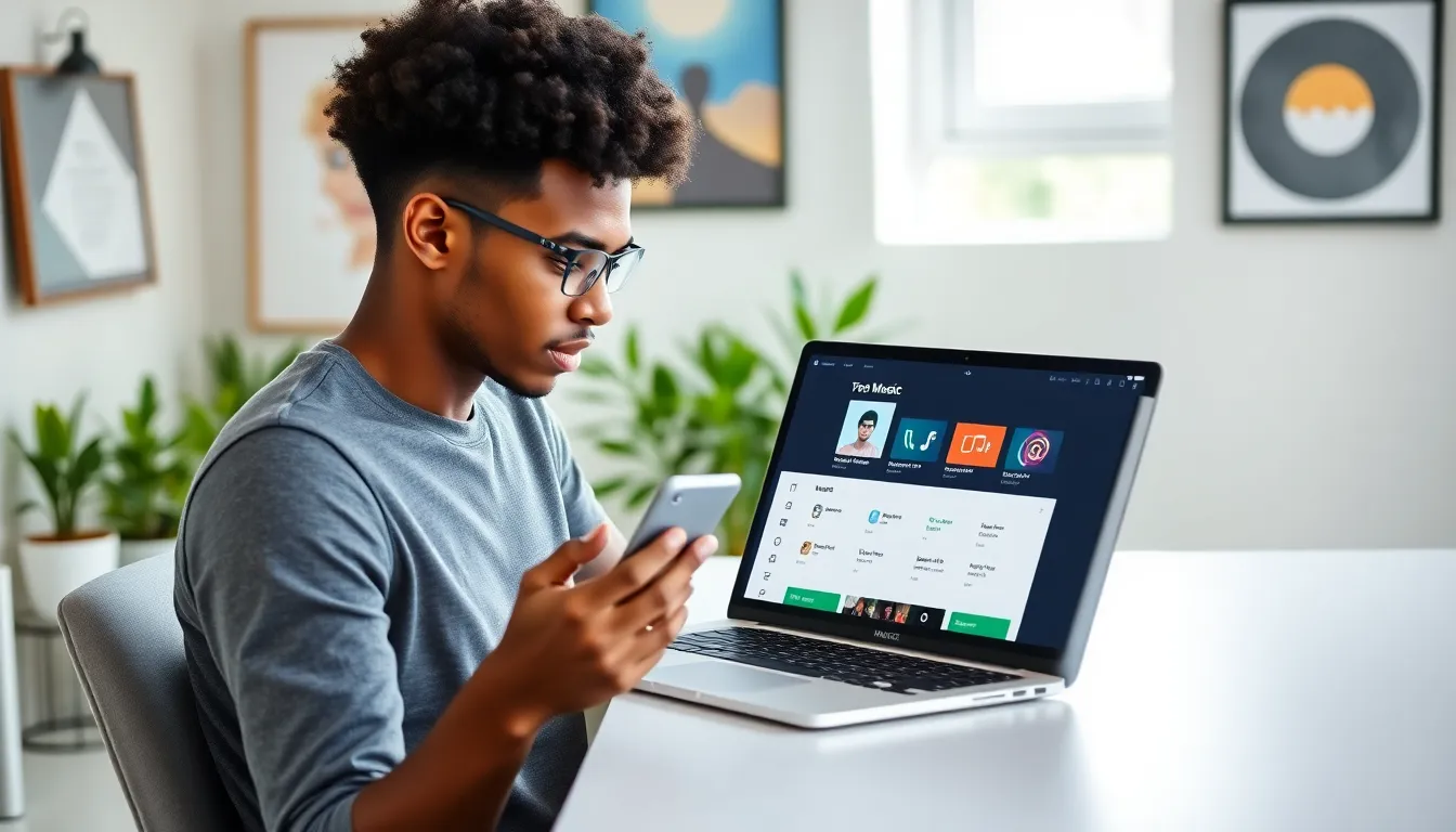 Individual exploring music downloading options on a laptop.
