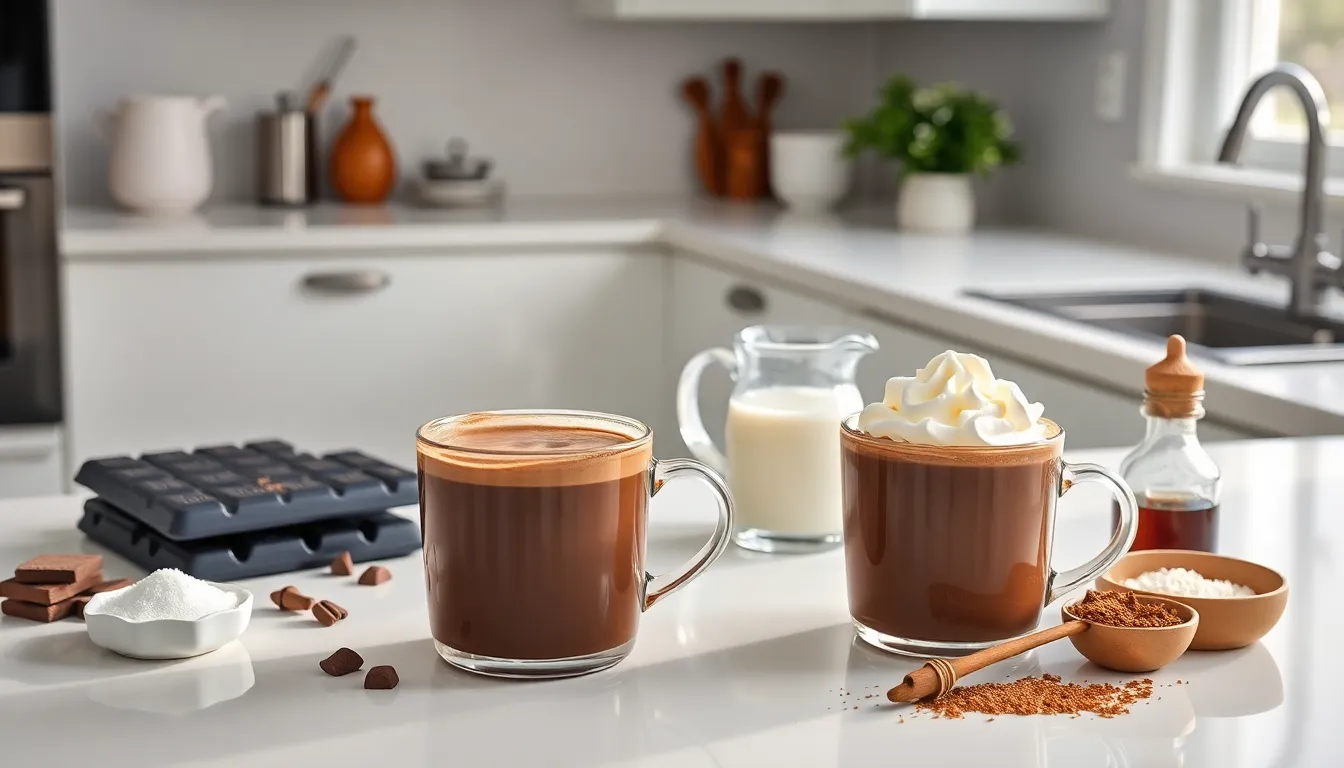 ingredients for making hot chocolate displayed in a modern kitchen.