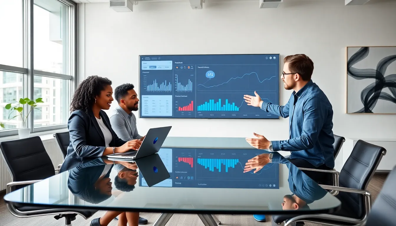 professionals discussing data integration in a modern office.