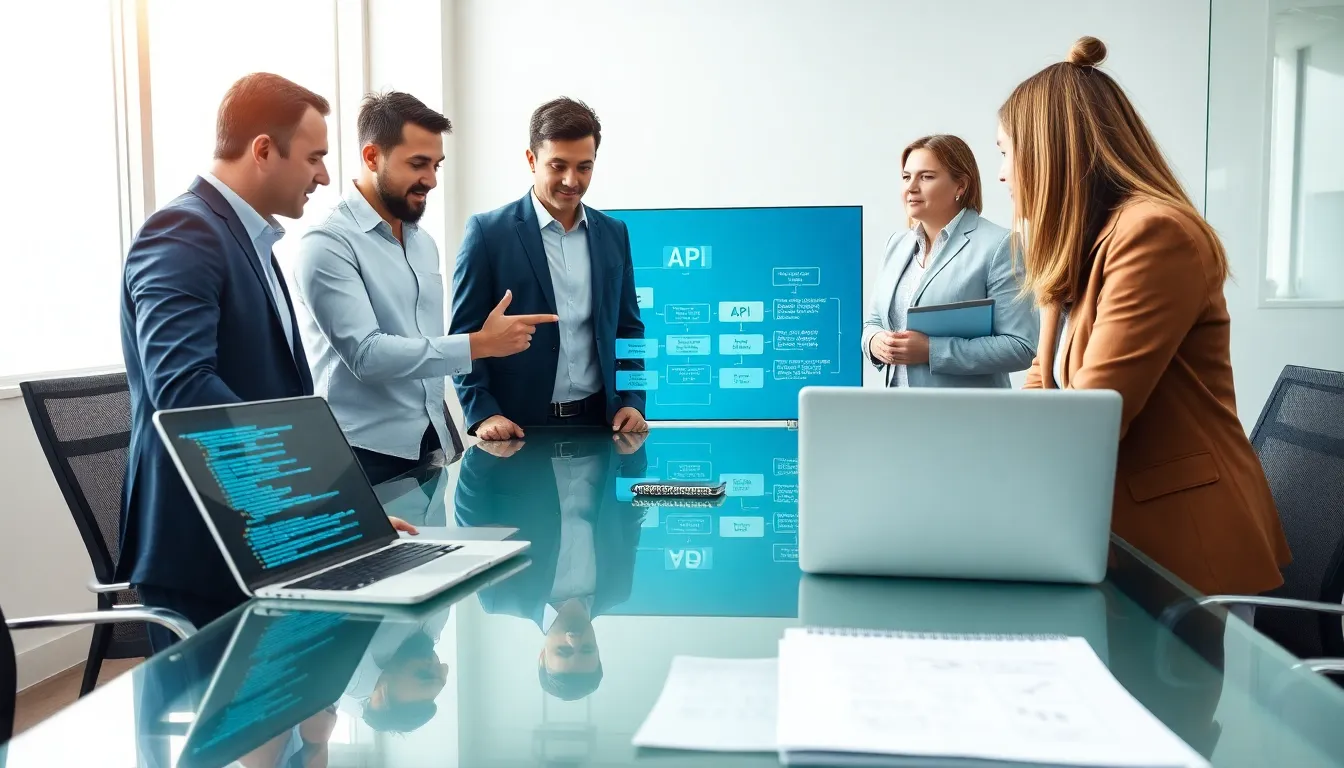 diverse IT team discussing API functionalities in a modern office.