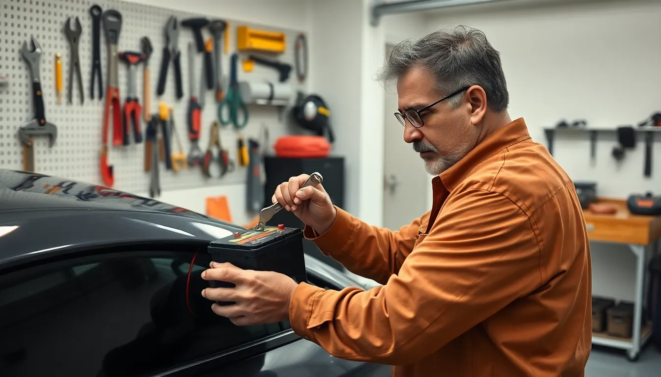 person changing a car battery in a home garage.